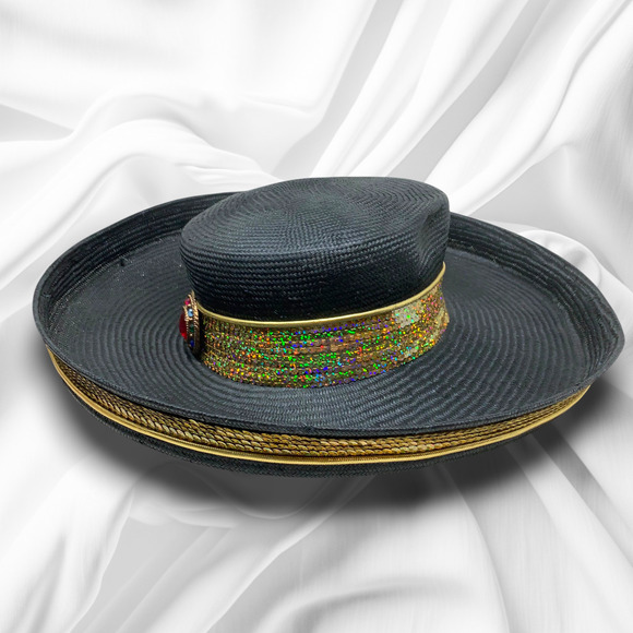 Vintage 1980\'s Sonni SF Black Gold Wide Brim Woven Hat Sequin Jewel Statement main image 10